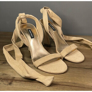 Nine West Women's Kelsie Ankle Wrap Heeled Sandals Size 7 Beige Faux Suede